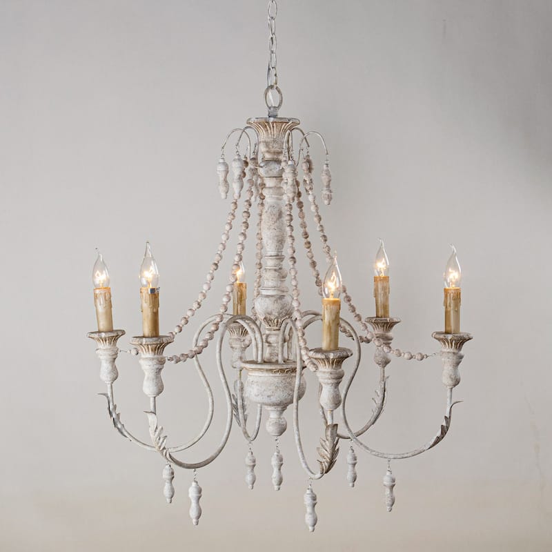29.5" Distressed White Wood Beaded 6-Light Candle Chandelier