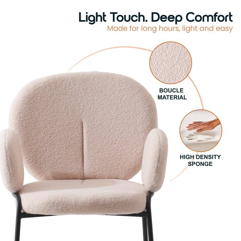 Celestial Modern Boucle Upholstered Accent Dining Chairs with Plush Seating and Black Iron Legs for Living Room or Dining Room