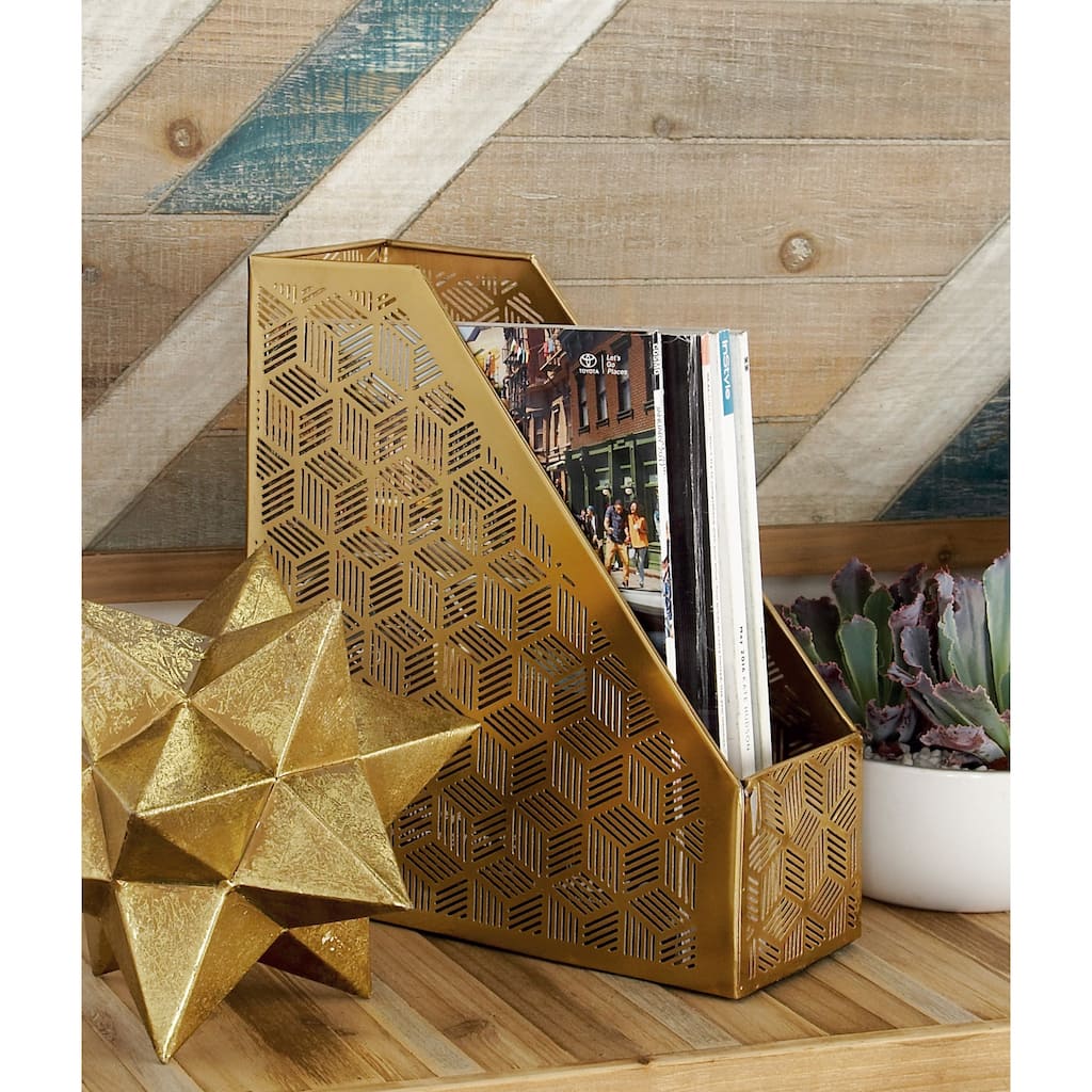 Gold Metal Single Slot Geometric Magazine Holder with Laser Carved Design