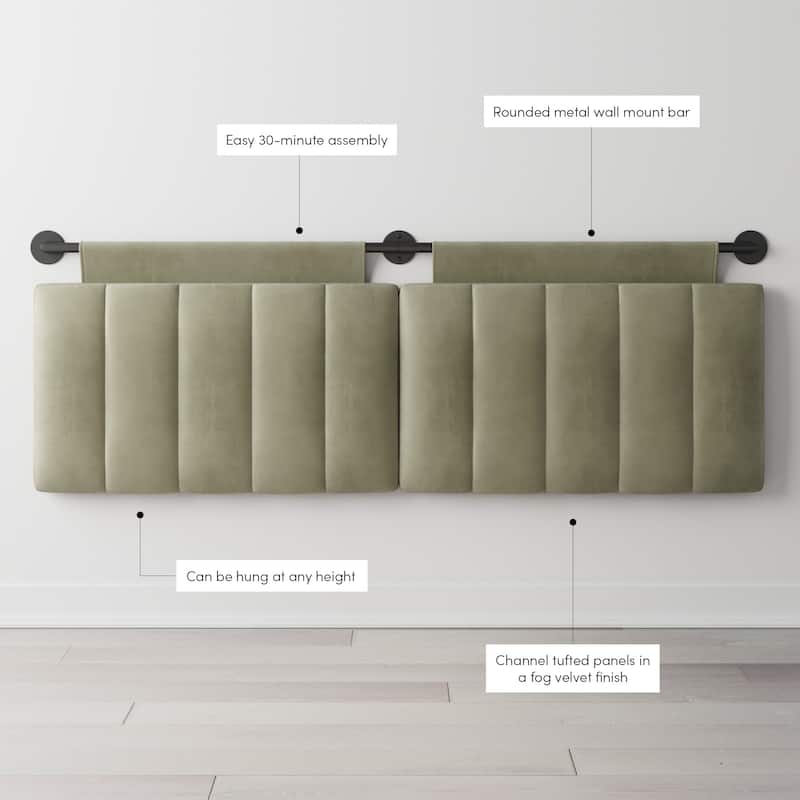 Nathan James Remi Wall Mount Tufted Headboard with Adjustable Straps and Black Metal Rail