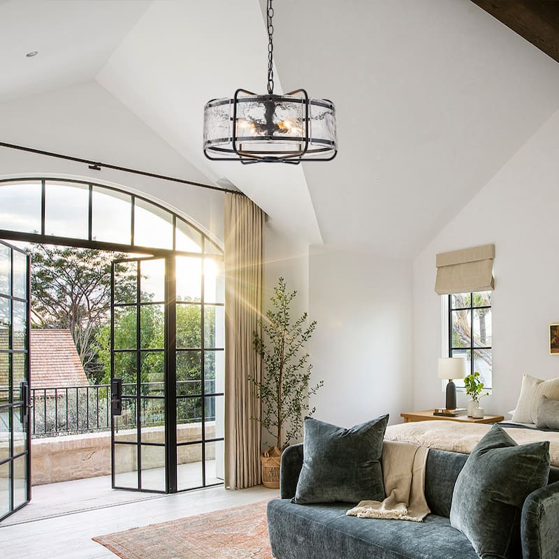 Modern 4-Light Hammered Glass Drum Chandelier Pendant Light - W17.91"