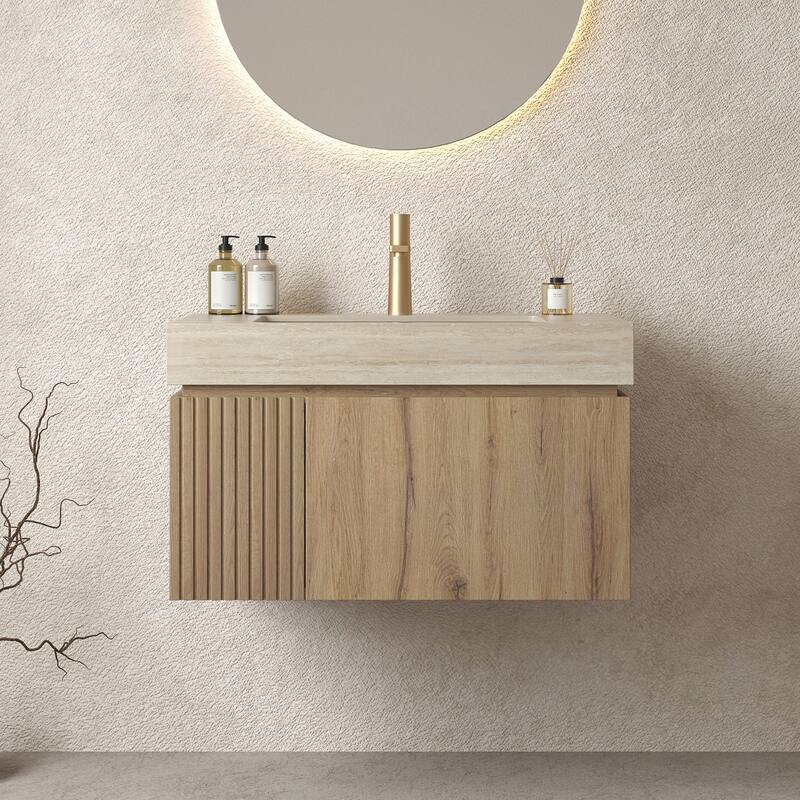 GDFStudio - Muri 30" Floating Bathroom Vanity with Travertine-Pattern Sintered Stone Countertop & Basin, WITHOUT Faucet