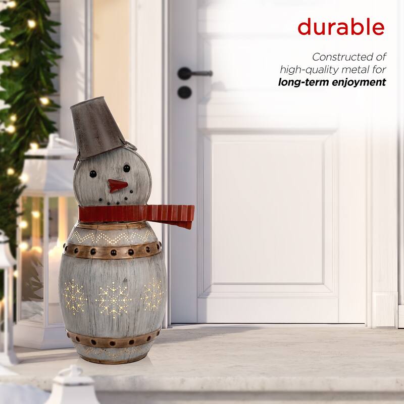 Alpine Corporation 30"H Indoor/Outdoor Metal Barrel Snowman Christmas Holiday Decoration with LED Lights - Silver