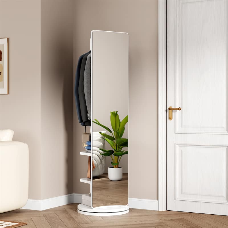 360 Rotating Multifunctional Full Length Mirror with Hook Storage Rack Coat Rack