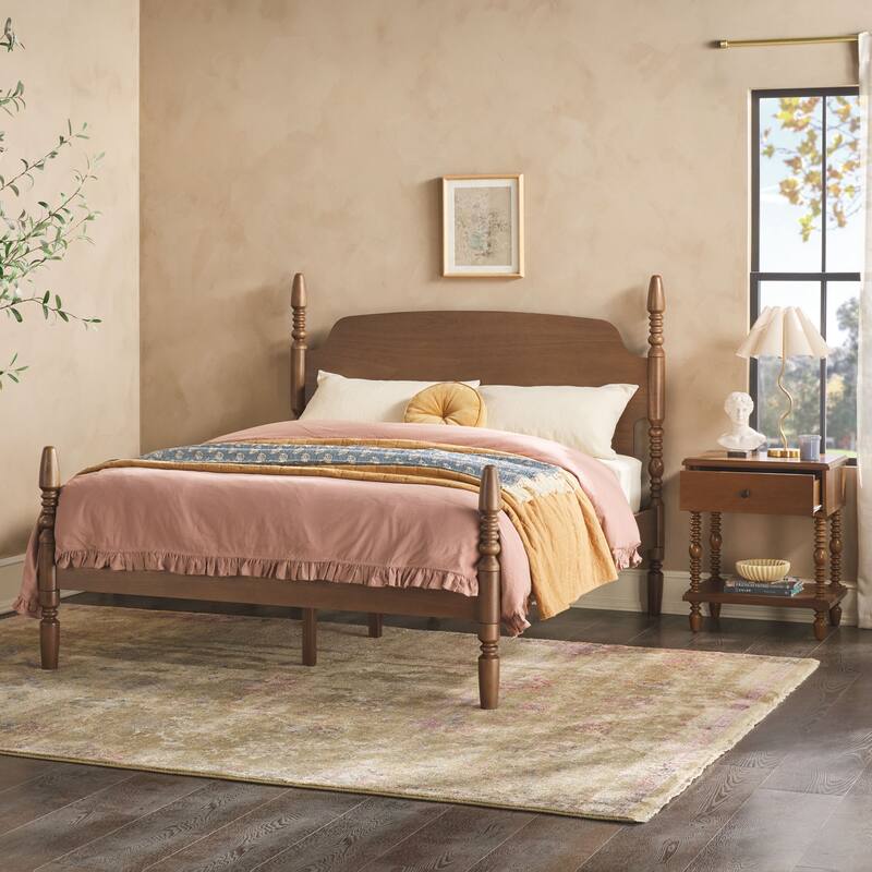 Walker Edison Spindle Queen Bed with 1-Drawer Nightstand Bedroom Set