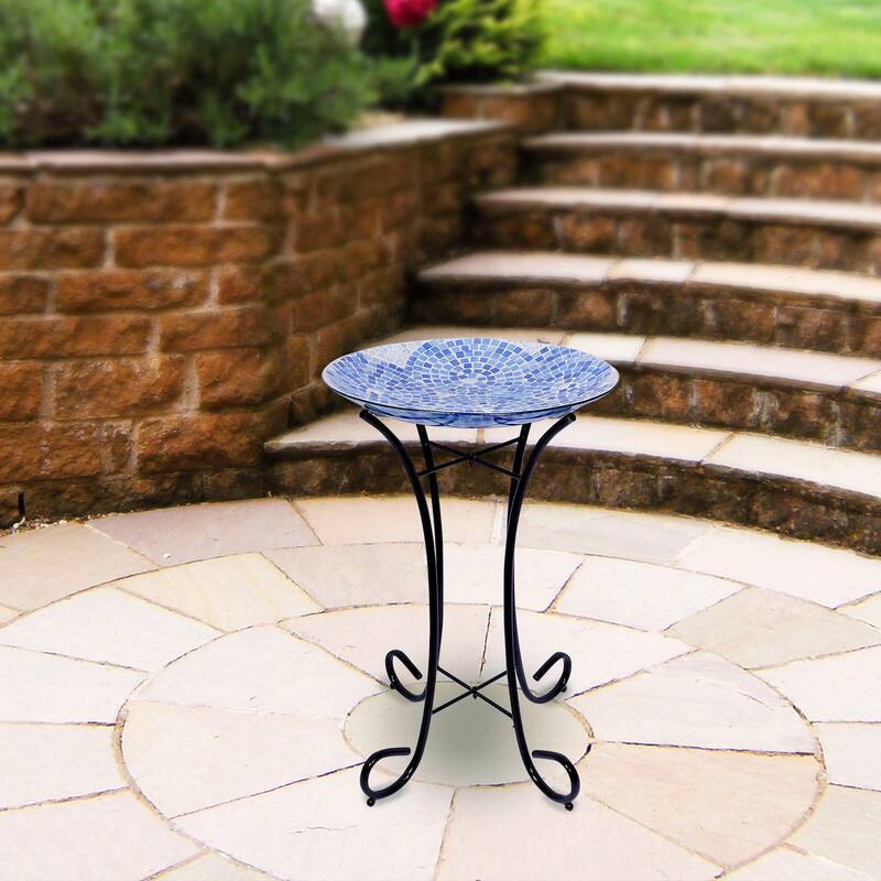 Alpine Corporation 24" Tall Outdoor Glass Birdbath Bowl with Metal Stand - Blue
