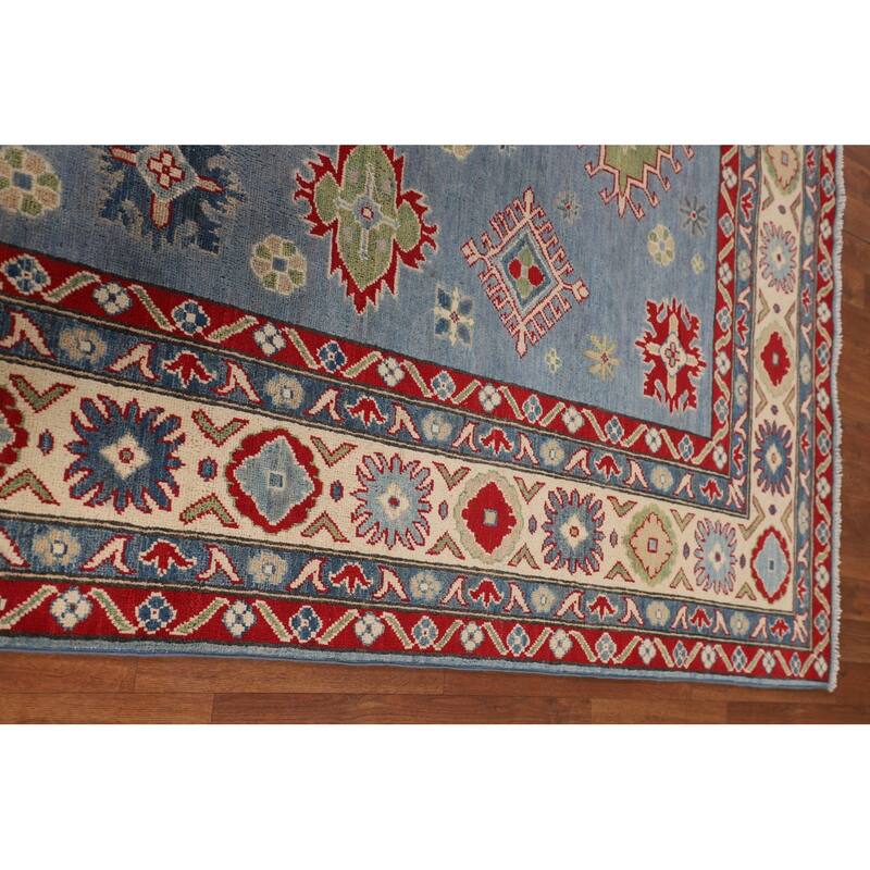 Light Blue Kazak Area Rug Living Room Hand-Knotted Wool Carpet - 6'8" x 9'9"