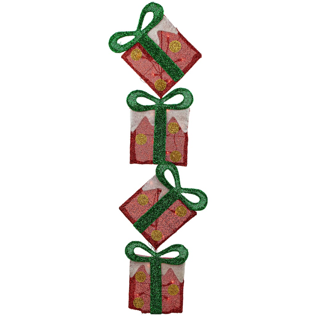 44" Lighted Red Tinsel Stacked Flat Gift Box Christmas Decoration