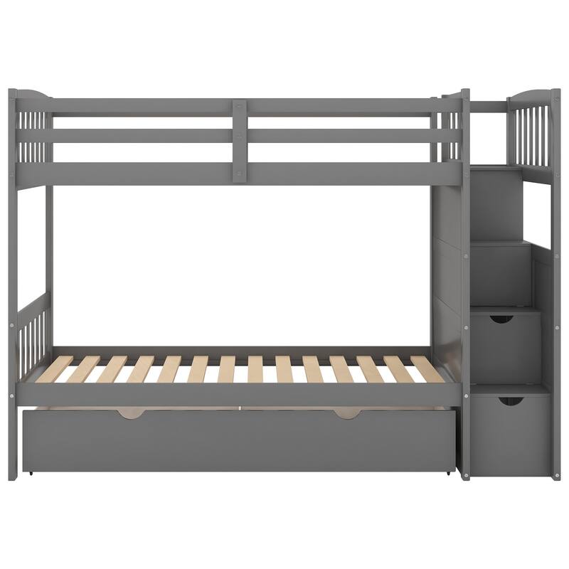 Convertible Twin over Full Bunk Bed with Storage Drawers and Shelves, Space-Saving Staircase Design, Gray