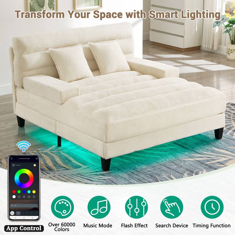 Modern Chaise Lounge Sofa 57.1" Sofa Bed Chenille Upholstered Lounge Sofa Chair with Adjustable Backrest and LED Light Strip