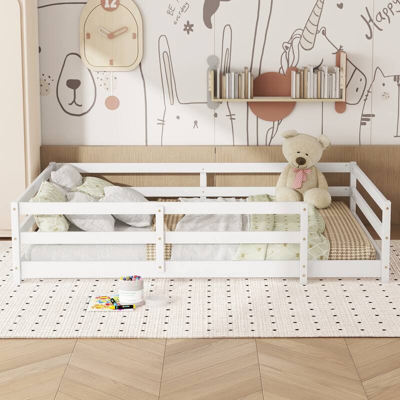Full Size Wood Montessori Floor Bed w/ Fence for Kids, Girls, Boys -White, Easy Assemble