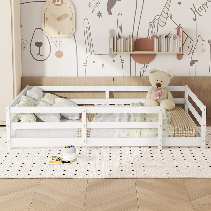 Toddler Montessori Bed Kids Floor Bed Frame with Fences, No Slats Wood Frame Bed for Kids Girls Boys Children's Room - White - Full