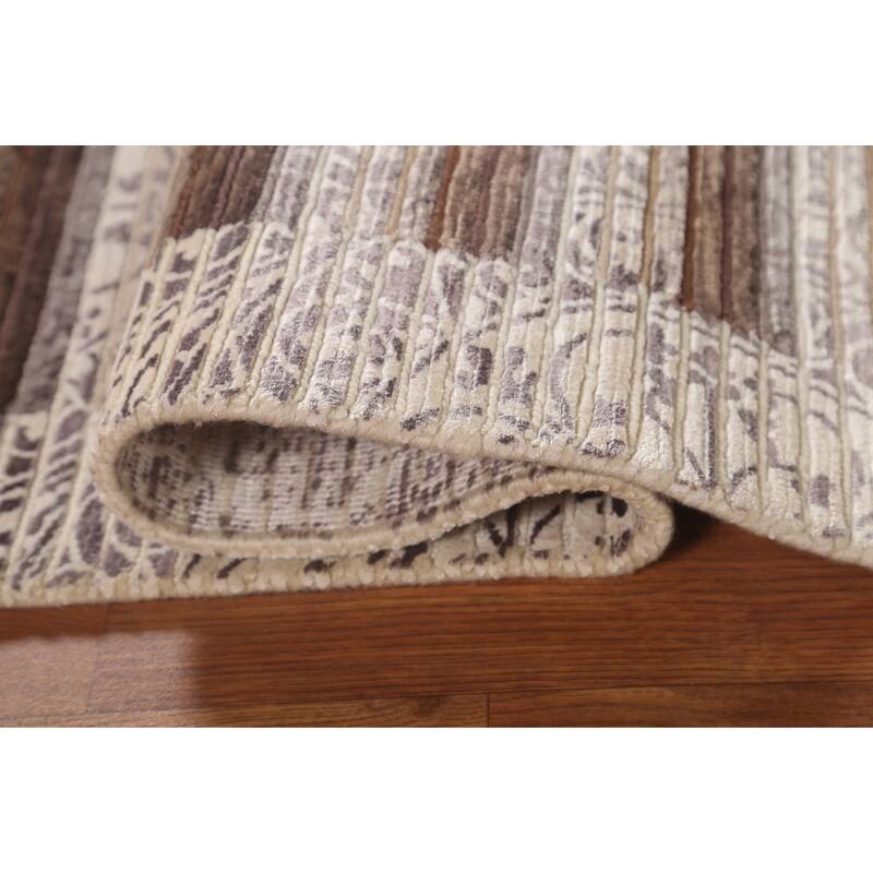 Striped Abstract Accent Rug Handmade Beige Wool Carpet - 2'8"x 4'8"