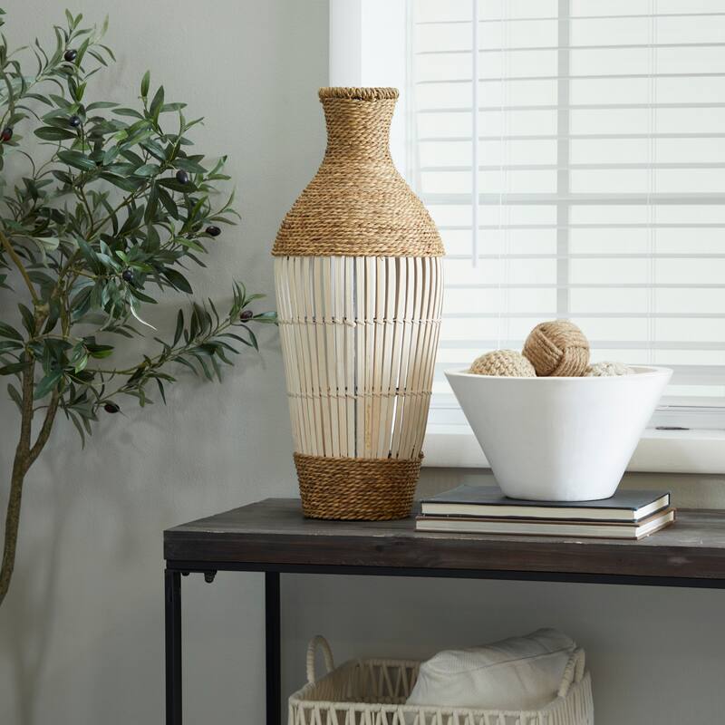 Brown Seagrass Handmade Wrapped Tall Floor Vase with Open Framed Cream Bamboo Center - Brown - 10"W, 25"H