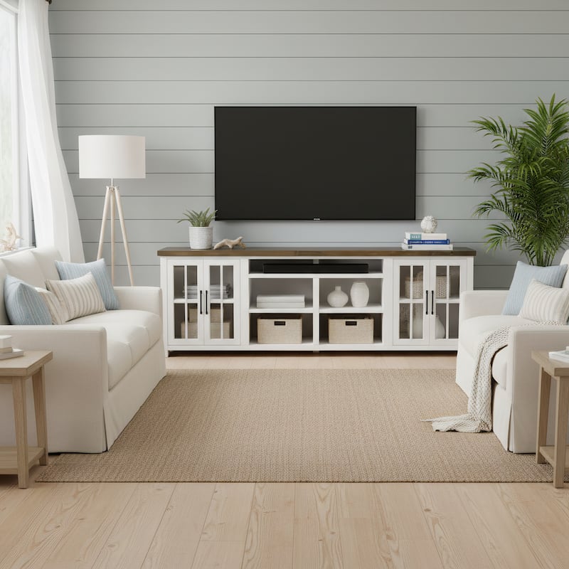 Bridgevine Home Modern Farmhouse 96 inch TV Stand Console for TVs up to 100 inches, No Assembly Requried, Two-Tone Finish - Jasmine Whitewash and Barnwood