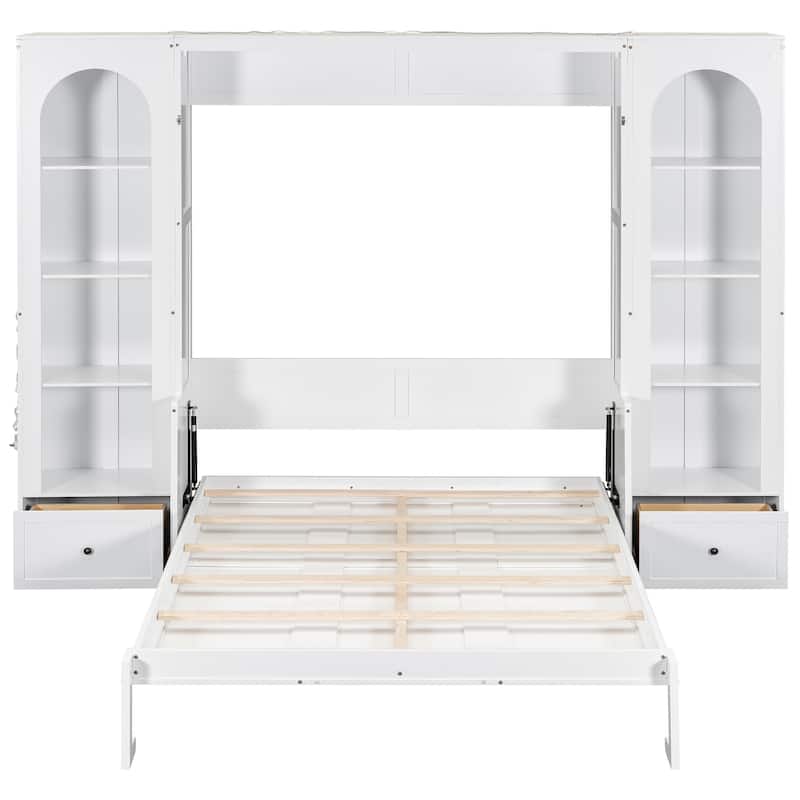 Queen Size Murphy Platform Bed with Shelf, Side Cabinets, Drawers, and LED Lights French Style
