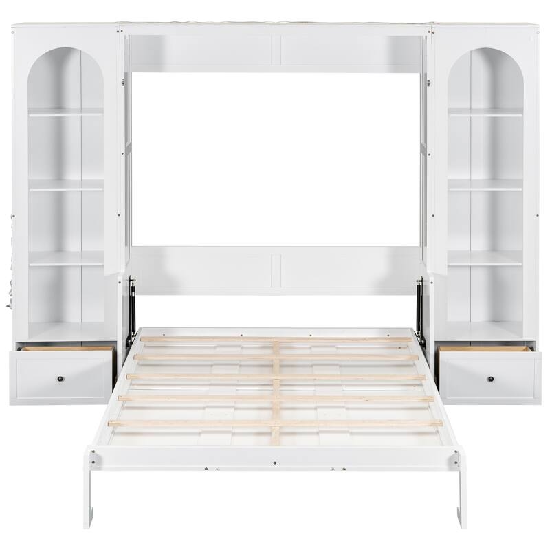 Roomfitters Queen Size Murphy Platform Bed with Shelves, Side Cabinets, Drawers and LED Lighting, Space-Saving Wall Bed, White