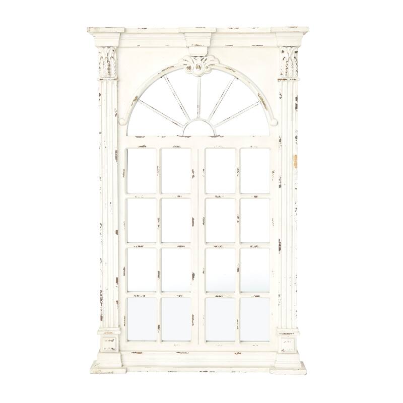 Wood Window Pane Inspired Wall Mirror with Arched Top and Distressing - Cream - Roche River Decor - 3"Wx37"Lx52"H