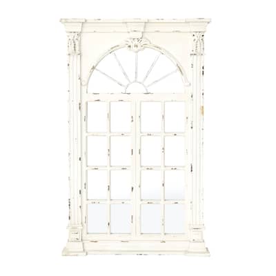 Wood Window Pane Inspired Wall Mirror with Arched Top and Distressing - Cream - Roche River Decor - 3"Wx37"Lx52"H