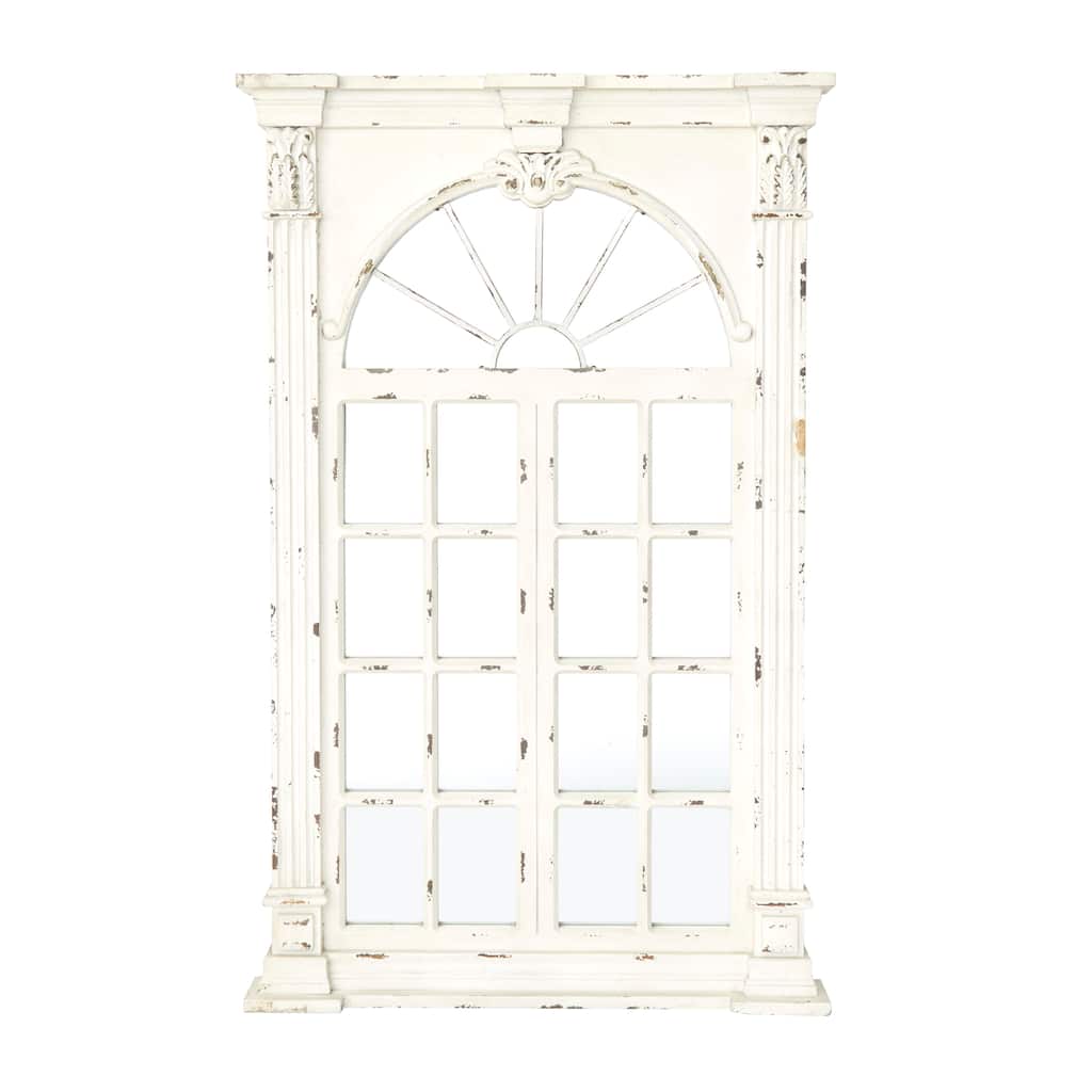 Wood Window Pane Inspired Wall Mirror with Arched Top and Distressing - Cream - Roche River Decor - 3"Wx37"Lx52"H