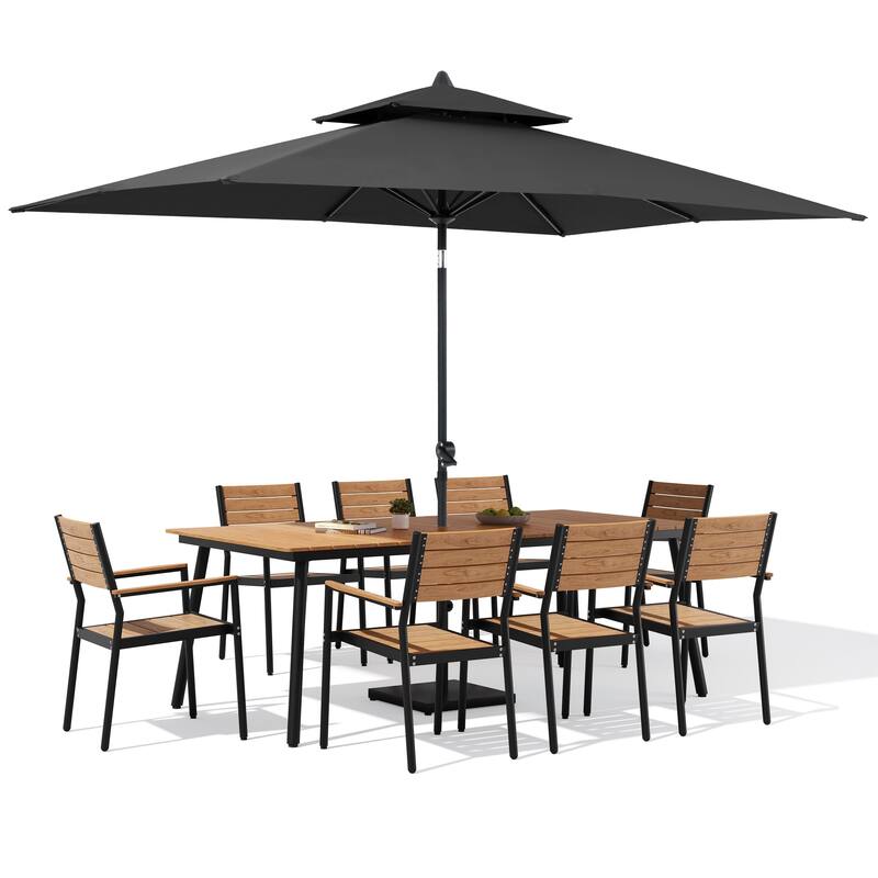 11-Piece Patio Dining Set w/10 ft Umbrella and Base, Rectangle Aluminum Table and 8 Stackable Chairs
