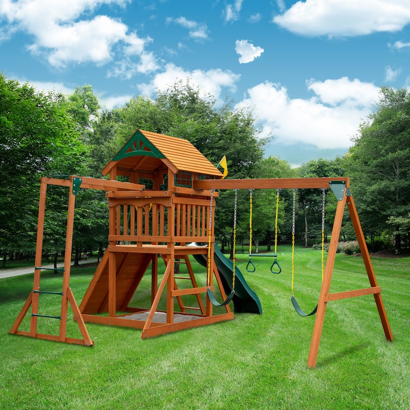 Gorilla Playsets Avalon Wooden Swing Set with Wood Roof and Monkey Bars - Amber