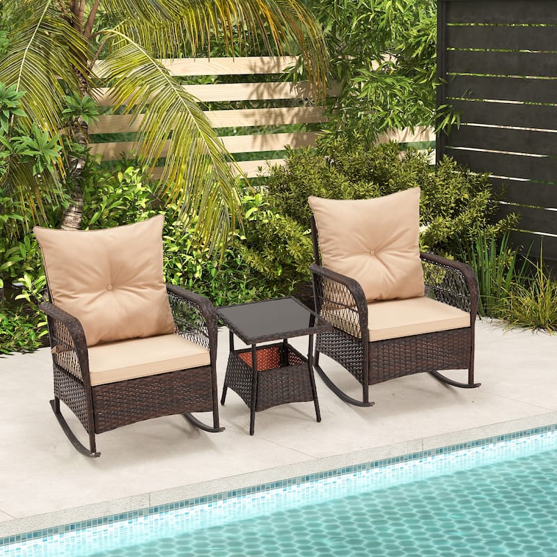 3-Piece Outdoor Rocking/Swivel Chair Set - PE Rattan Patio Furniture with Cushions & Coffee Table, Rocker Chairs for Backyard - PE Rattan & Rocking - Beige