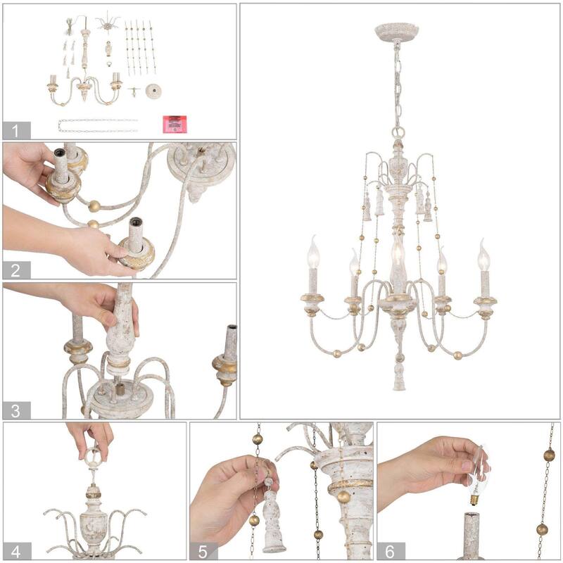 French Country 5-Light Empire Wood Chandelier for Dining Room - D 21.6" x H 30.3"