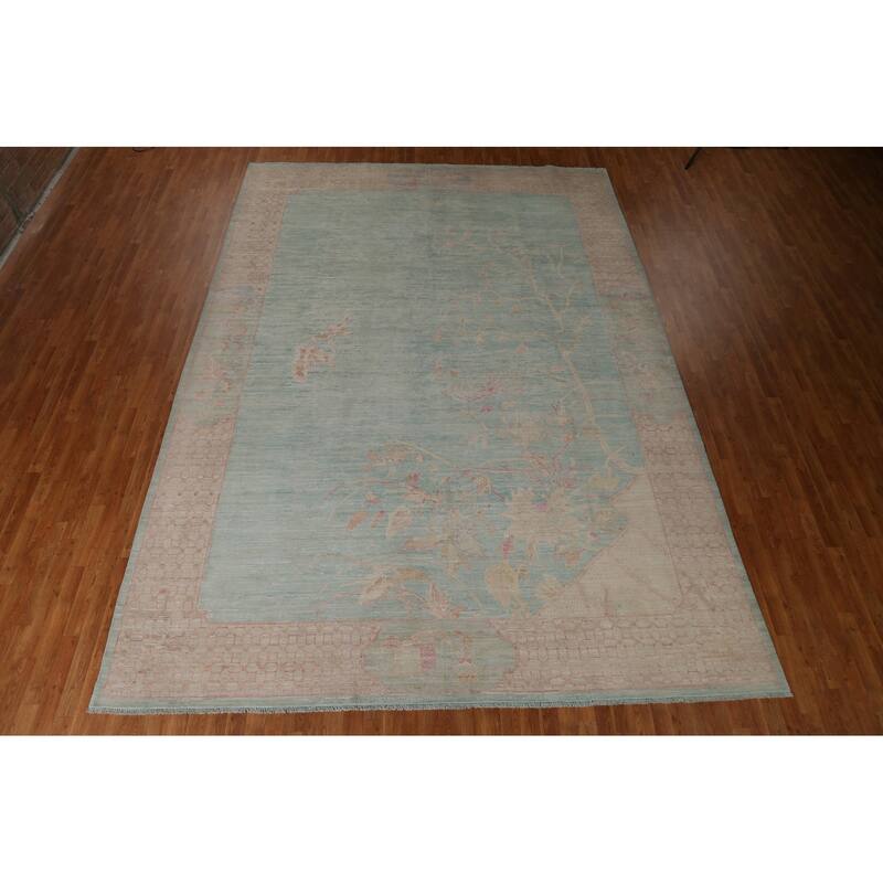 Hand Knotted Oriental 100% Wool Carpet Transitional Abstract Navy Blue & Blues Oushak Area Rug - 13' 9'' X 9' 11''