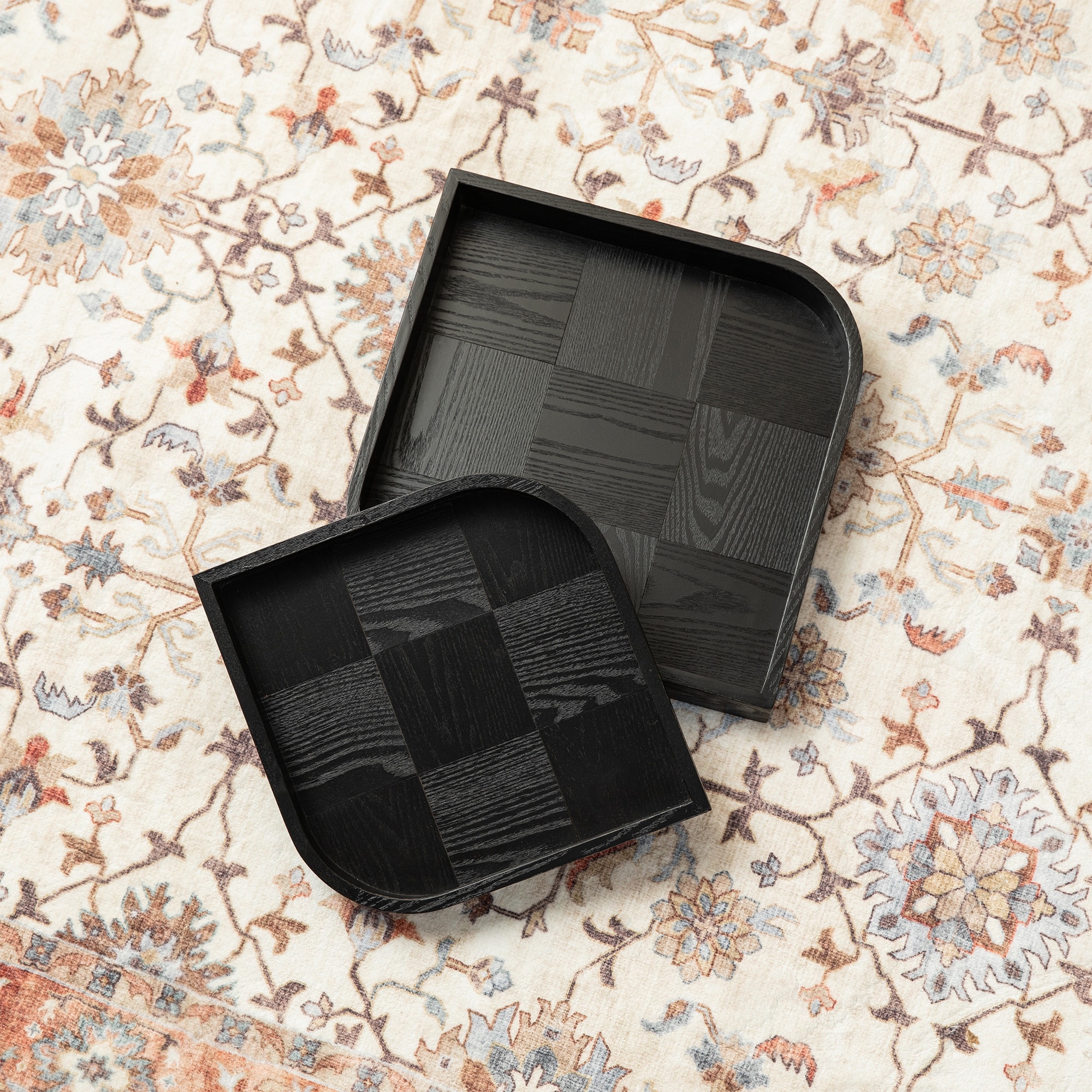 Glitzhome Set of 2 Modern Black Wood Decorative Trays -11.75"/14.25"D