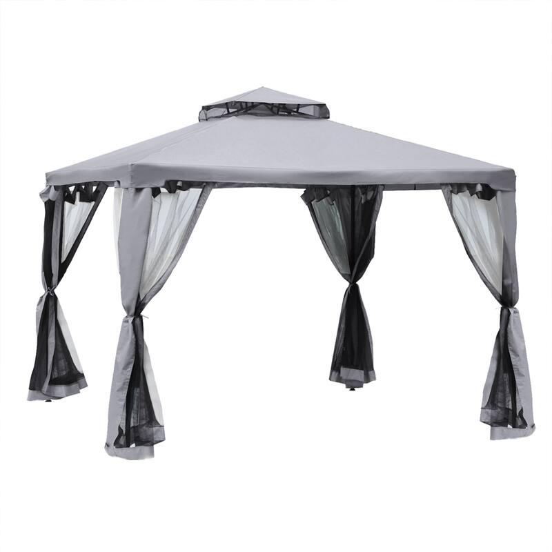 9.6' x 9.6' Outdoor Patio Gazebo with 2-Tier Roof, Netting, and Steel Frame for Garden, Lawn, and Deck - Grey