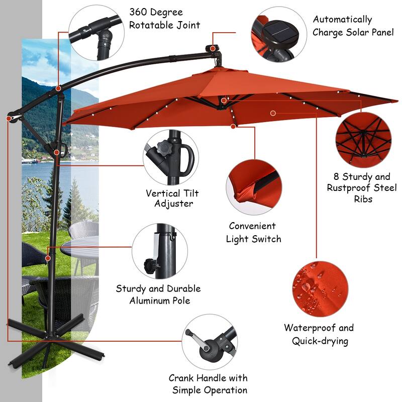 Costway 10FT Patio Offset Umbrella Solar Powered LED 360degrees