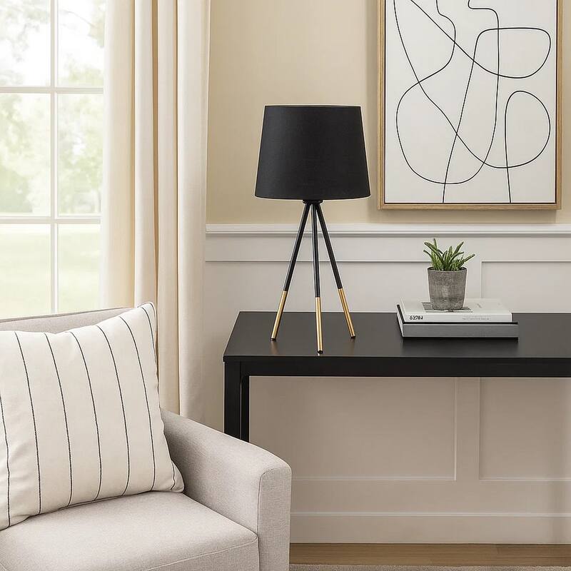 Table Lamp with Tripod Metal Base, Black and Gold
