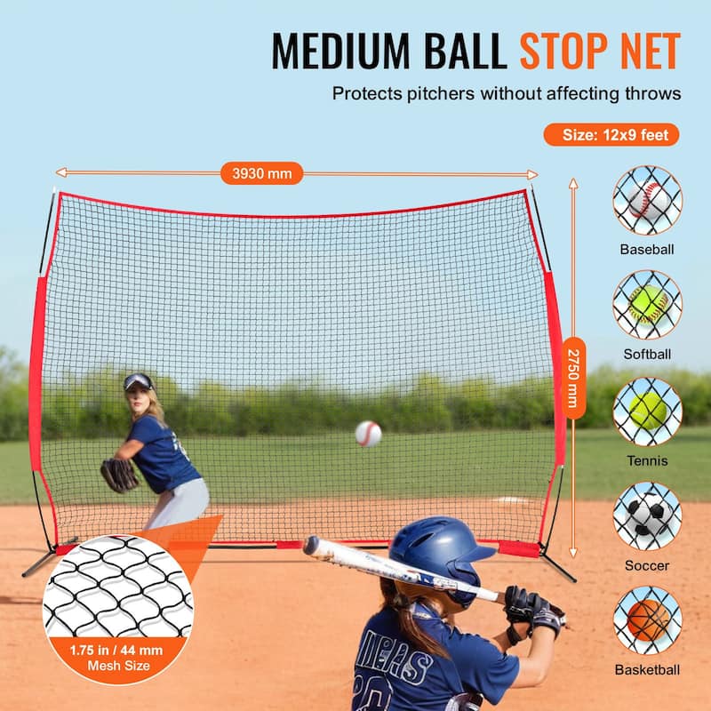 12 x 9 Feet Portable Compact Barricade Backstop Netting with Steel Pipe Frame and Carry Bag