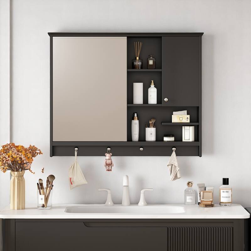 Bathroom Wall-Mounted Mirror Cabinet, 36" with 1 Door, Adjustable Shelf and Hidden Storage - Black