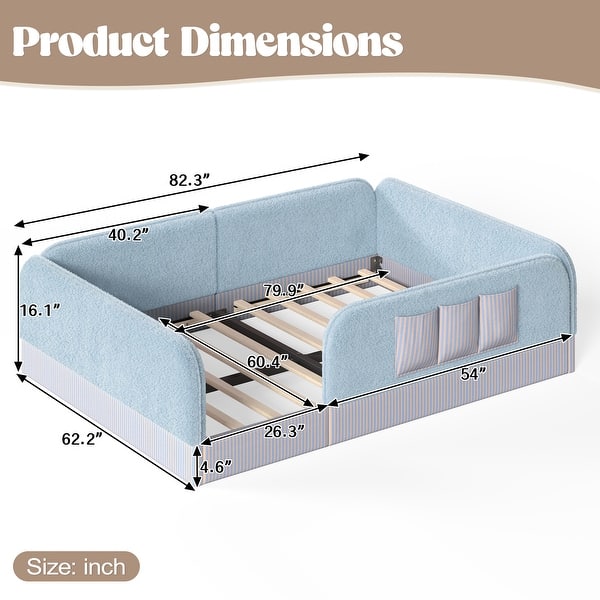 dimension image slide 5 of 9, Twin/Full/Queen Teddy Fleece Floor Bed with Upholstered Safety Rails and Pocket