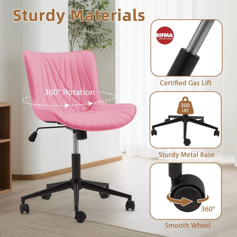 EROMMY Armless Office Chair with Wheels, Adjustable Swivel Modern Faux Leather Vanity Chair with Backrest, Ergonomic Rocking