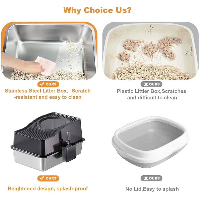 Stainless Steel High Sided Cat Litter Box, Enclosed Removable Covered