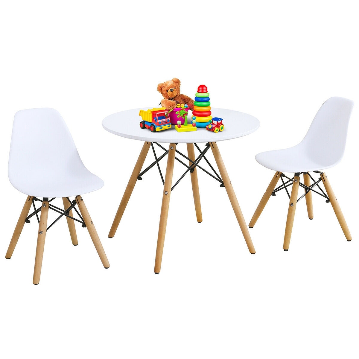 Gymax Kids Modern Dining Table Set Round Table with 2 Armless Chairs