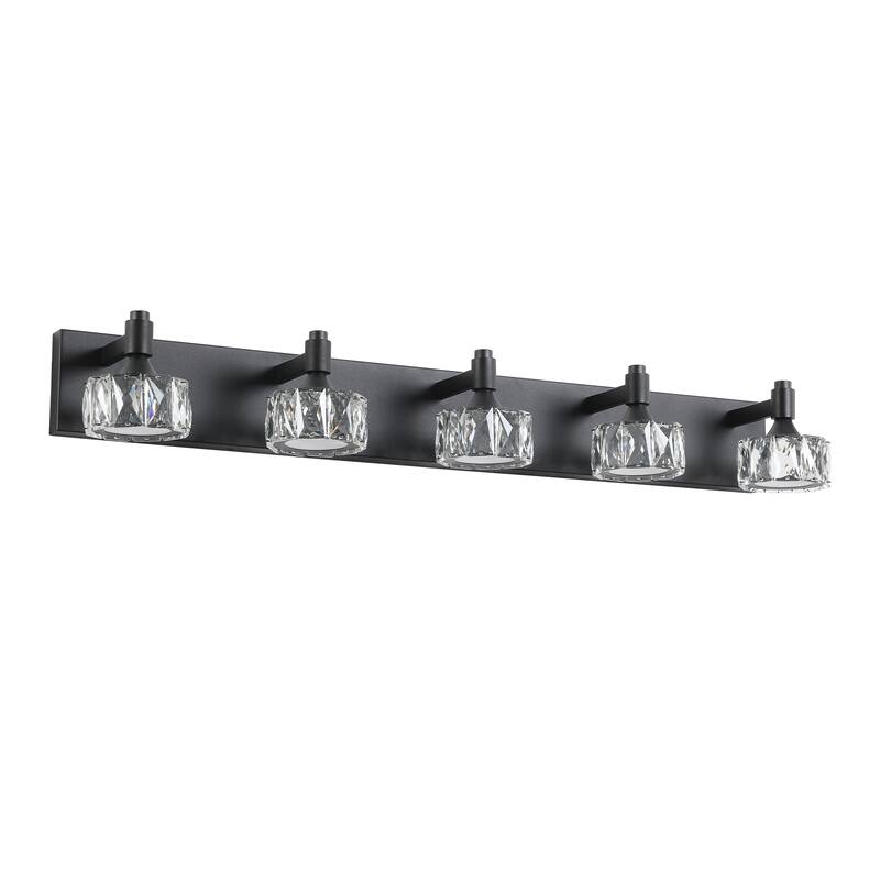 Modern 5-Light Matte Black LED Vanity Light Fixture with Crystal Glass Shades, Bathroom Wall Sconce