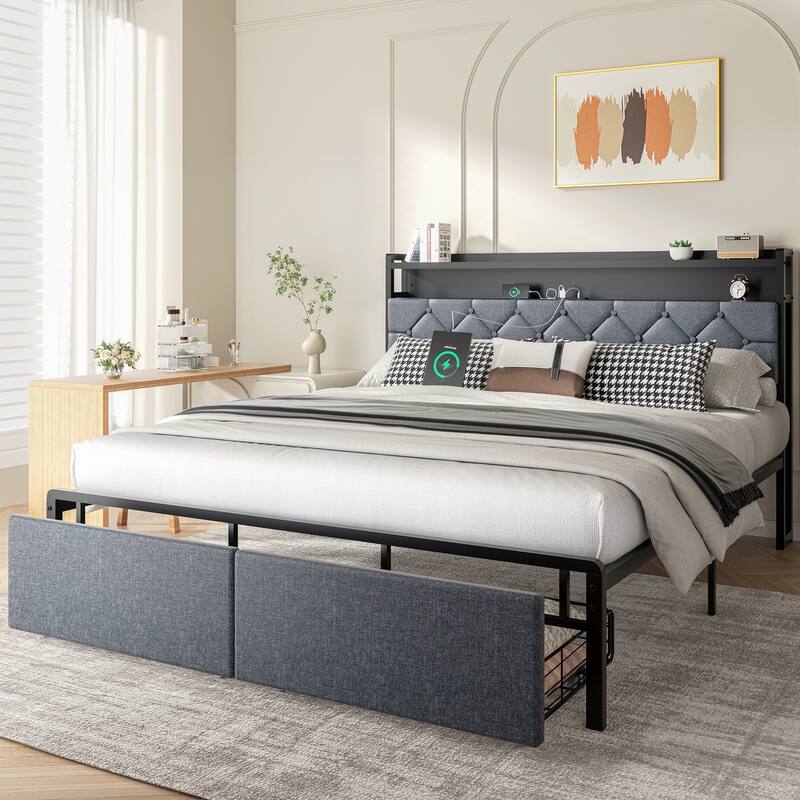 Queen Size Upholstered Bed with Storage Drawers, LED Headboard & USB Ports - Modern Fabric Platform Bed