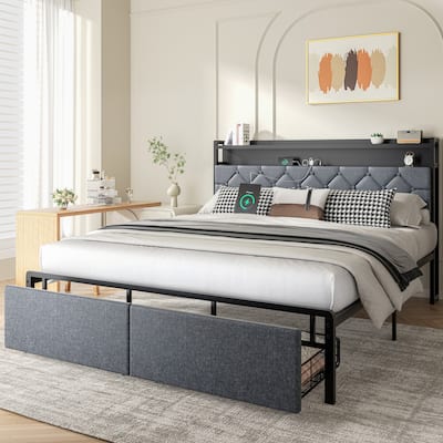Queen Size Upholstered Bed with Storage Drawers, LED Headboard & USB Ports - Modern Fabric Platform Bed