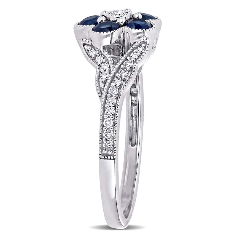 Flower Blue Sapphire and 1/6ct TDW Diamond Split Shank Ring in 10k White Gold by Miadora