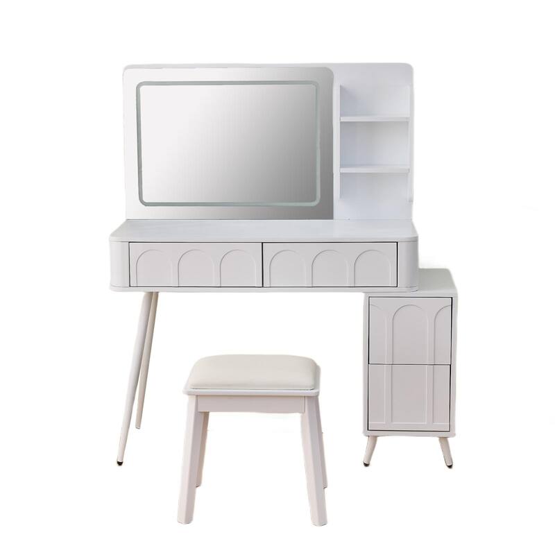 Modern Makeup Vanity Desk with LED Lights & Mirror, Extendable Dressing Table Set with Stool, 4 Drawer & Side Cabinet