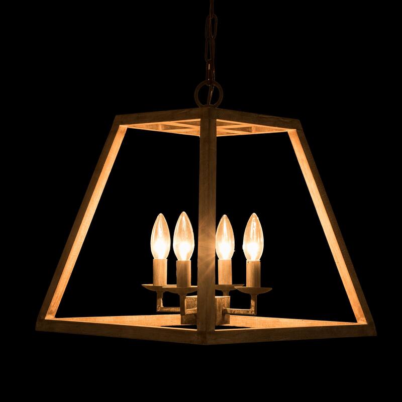 Modern contemporary Farmhouse Aged Wood Cage 4-light Dinning Kitchen Foyer Chandelier Pendant - 15"W x 15"D x 18"H