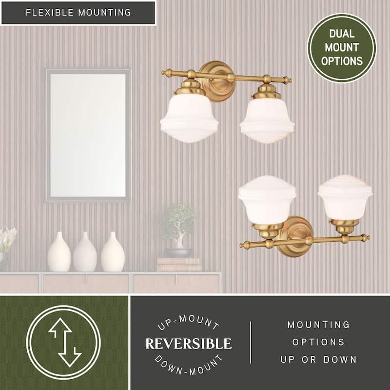 Huntley Gold Brass Bathroom Vanity Wall Light Fixture White Schoolhouse Glass