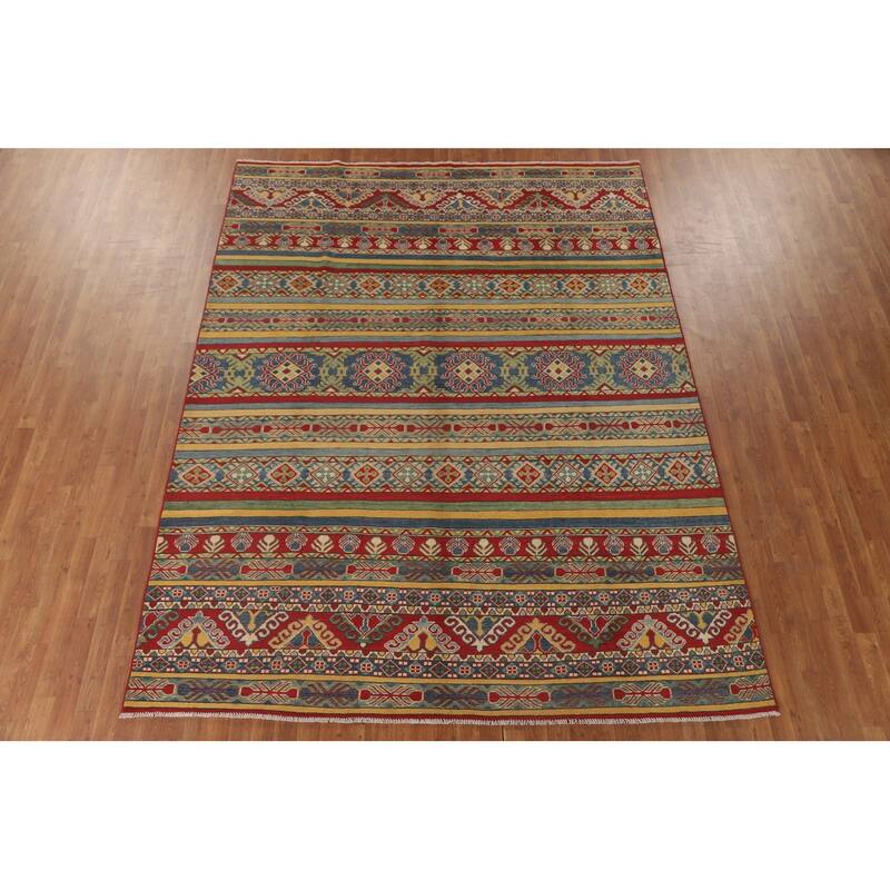Striped Kazak Oriental Area Rug Wool Carpet - 7'11" x 10'3"