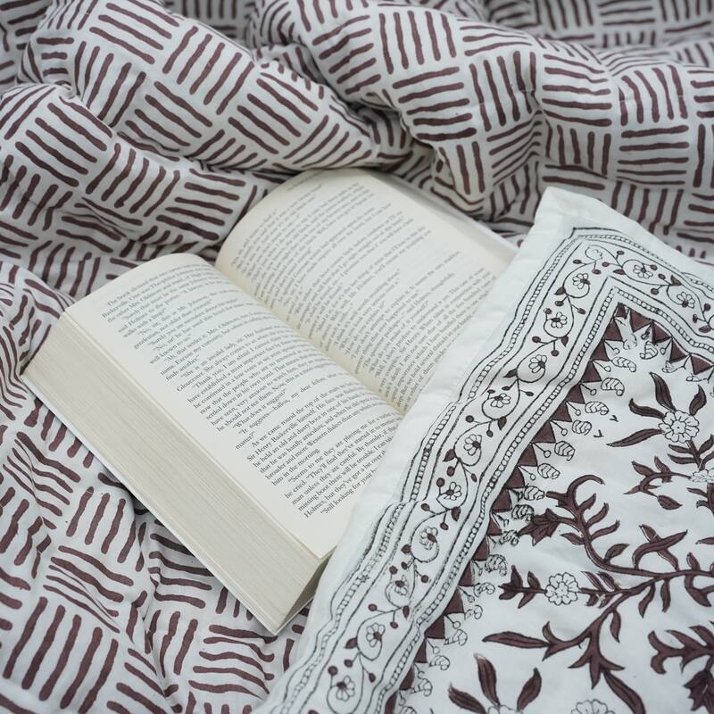 Fabdivine Bohemian Hand Block Print Cotton Quilt - Ethnic Home Décor, Shejan Brown, Handmade Reversible Bedspread