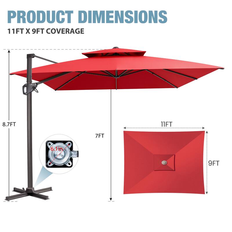 VredHom Outdoor 9x11FT Patio Dual Top Cantilever Offset Umbrella