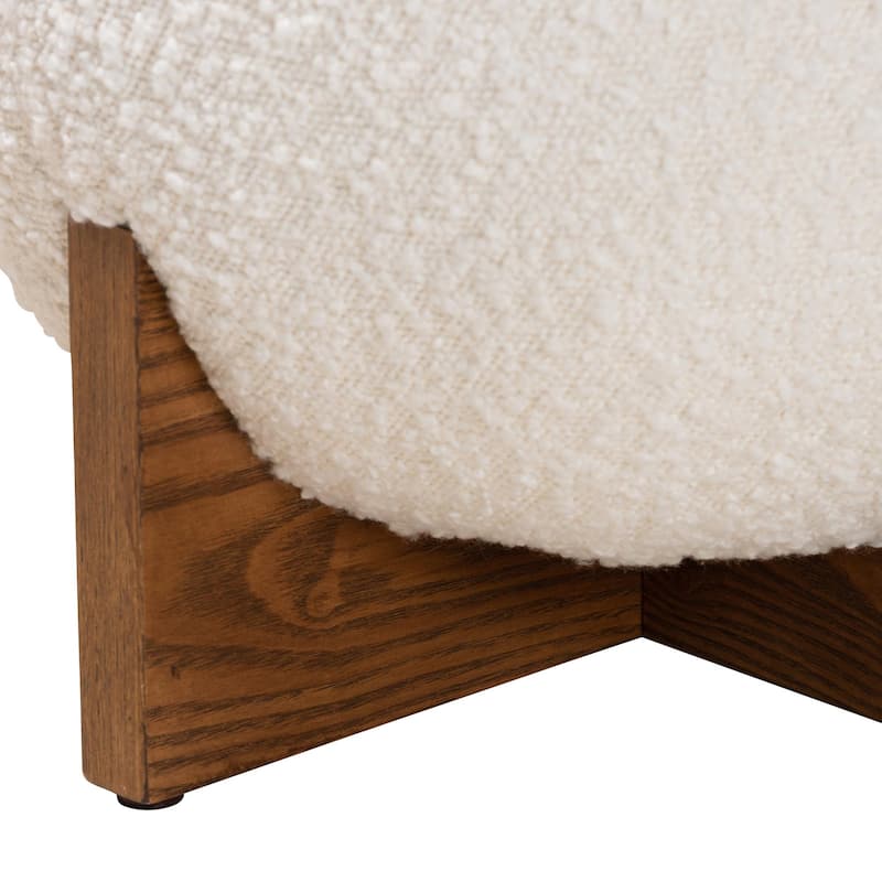 Fisk Japandi Cream Boucle Fabric and Walnut Brown Finished Wood Ottoman Footstool